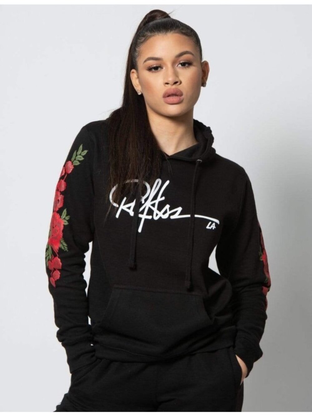 Young and Reckless Black Hoodie With Red Floral Sleeve Design Pullover Size S